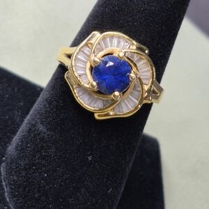 Franklin Mint Sterling Silver Vermeil 1988 Blue & White Sapphire Ring Bob Mackie